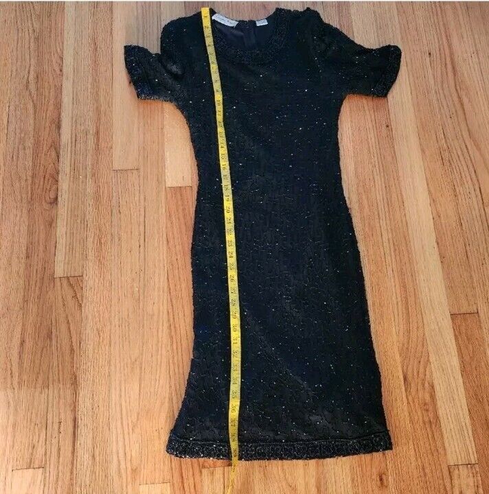 Laurence Kazar Silk Beaded Black Midi Dress Size … - image 8