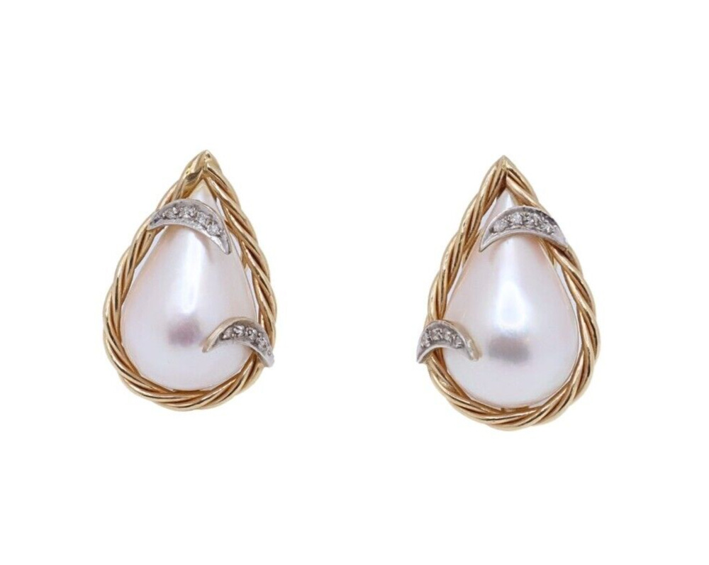 14K Yellow Gold Mabe Pearl & Diamond Stud Earrings - image 2