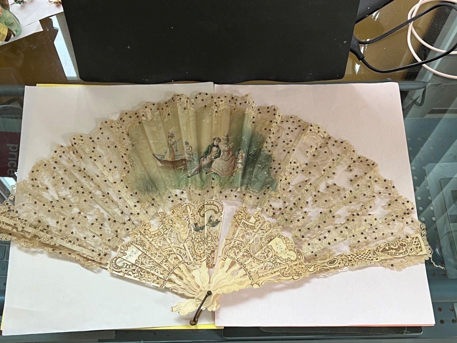 2) Antique Victorian Folding HAND FANS Made of La… - image 2