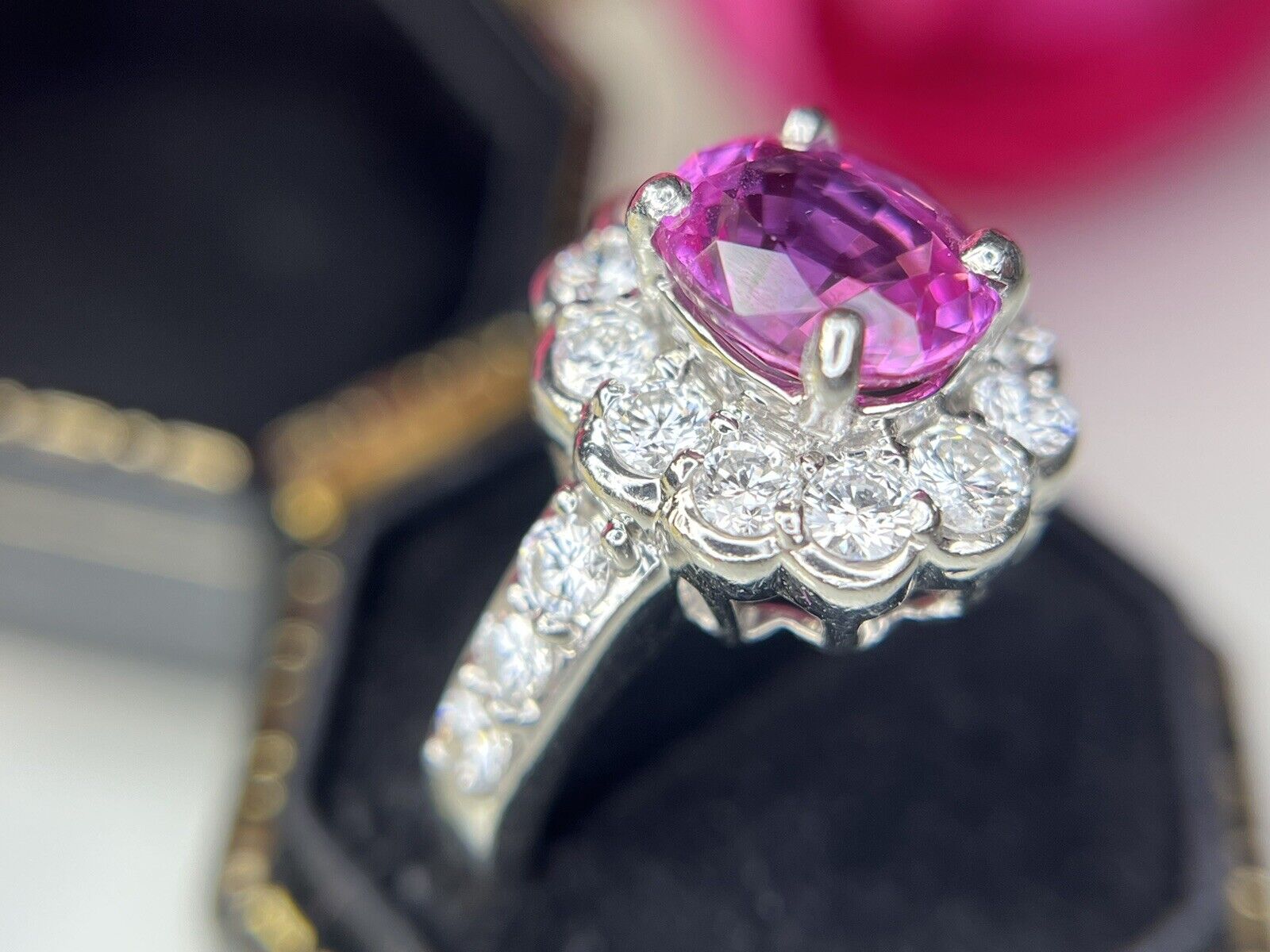 Vintage Platinum Natural Pink Sapphire Diamond Ha… - image 4