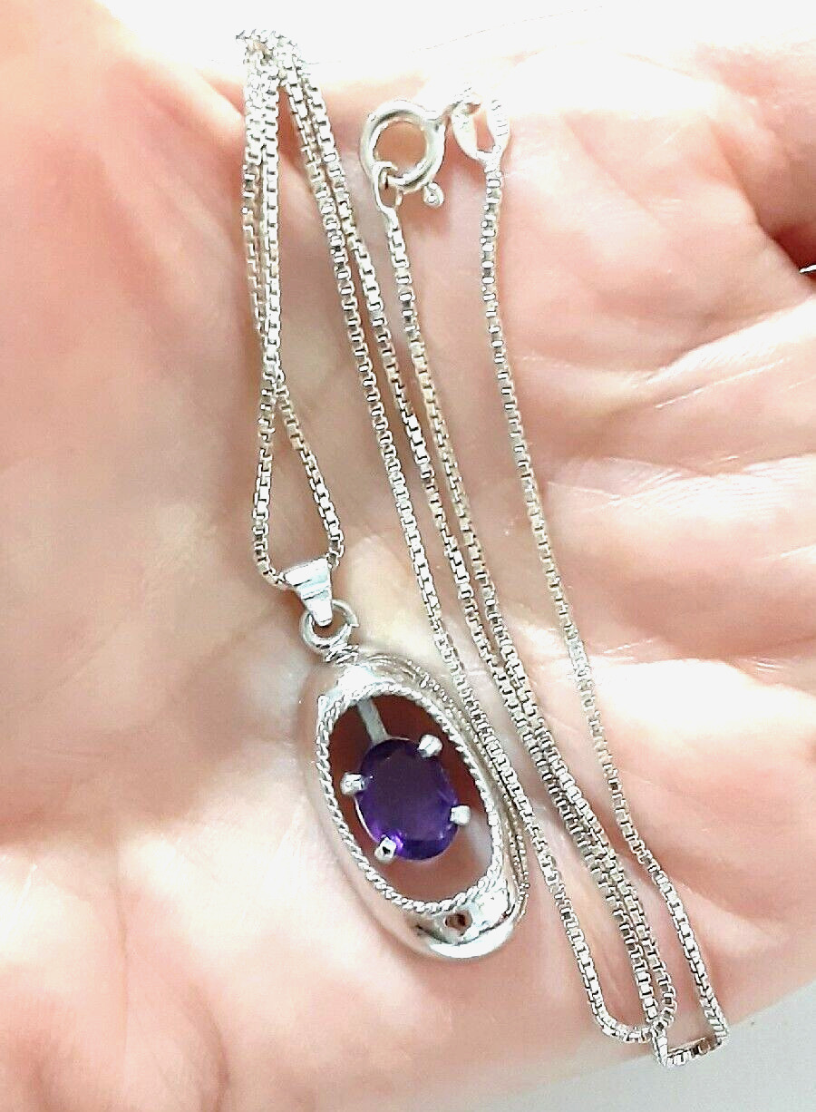 Vtg Purple Amethyst Pendant 925 Sterling Silver N… - image 2