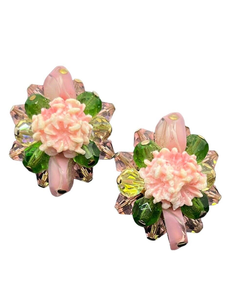 Vintage gold tone pastel art glass flower cluster… - image 1