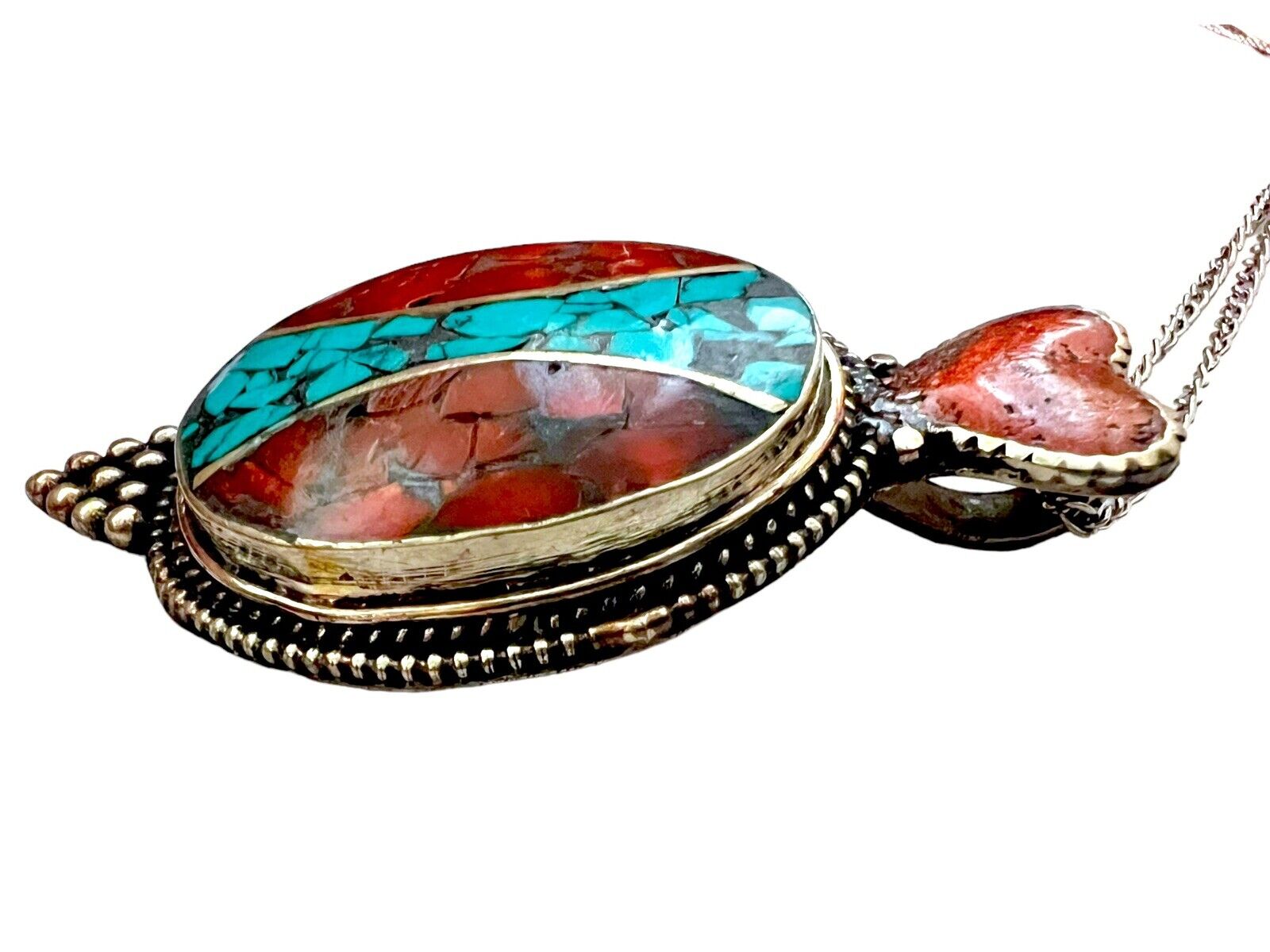 Sterling Silver Tibetan Turquoise & Coral 2 3/8” … - image 4