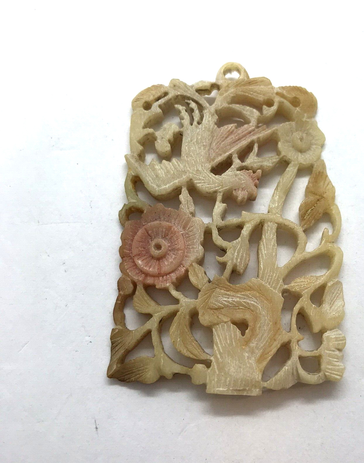 Vintage Carved Celluloid Pendant Bird Flower Roos… - image 4