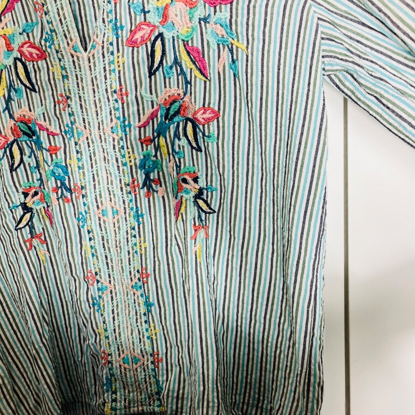 Johnny Was Striped Embroidered Floral Blouse Turq… - image 8