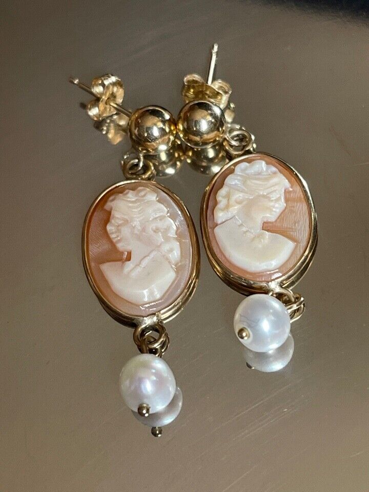 ELEGANT 14K YELLOW GOLD & PEARLS CAMEO EARRINGS - image 2