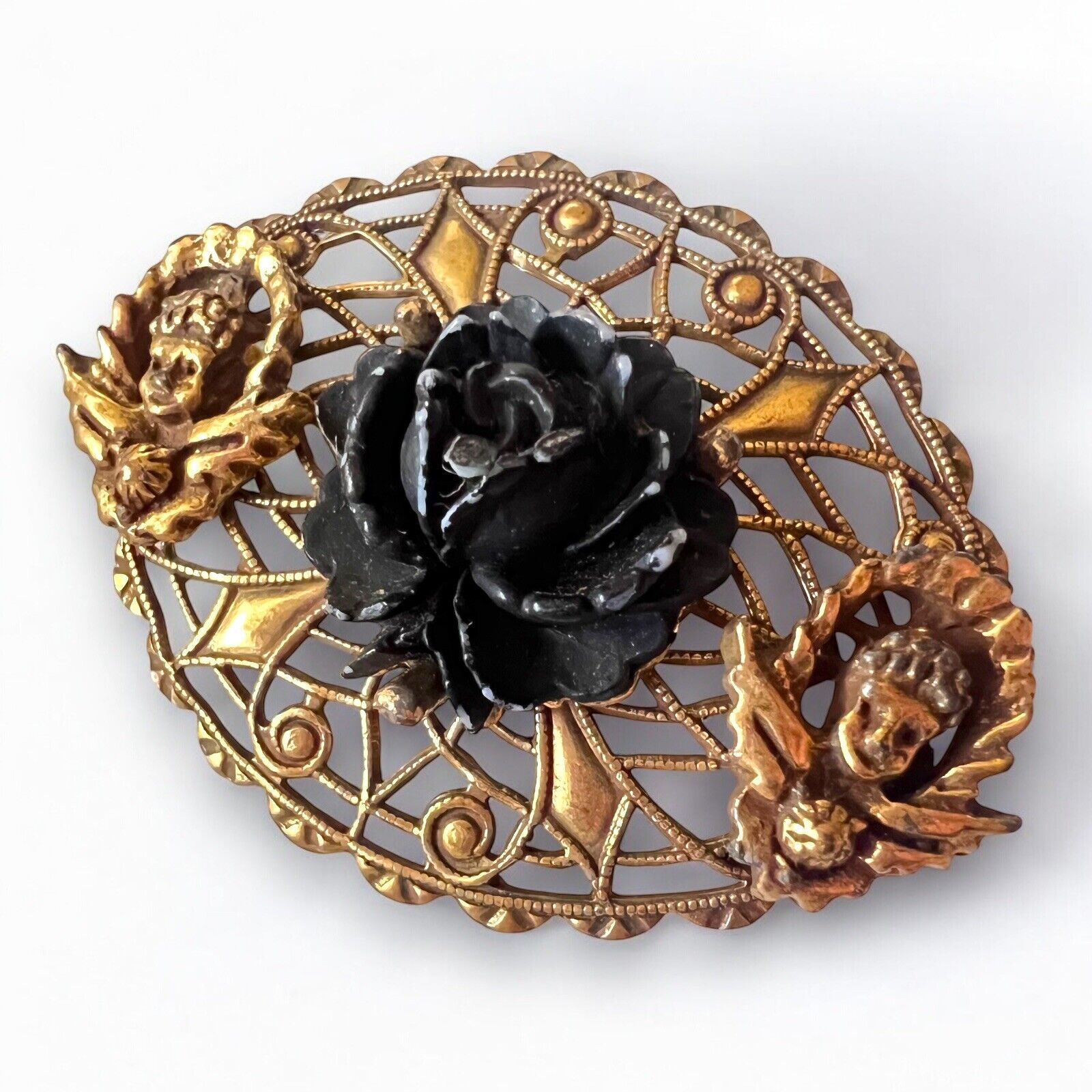 Carved Celluloid Rose Brooch Black Gold Tone Fili… - image 3