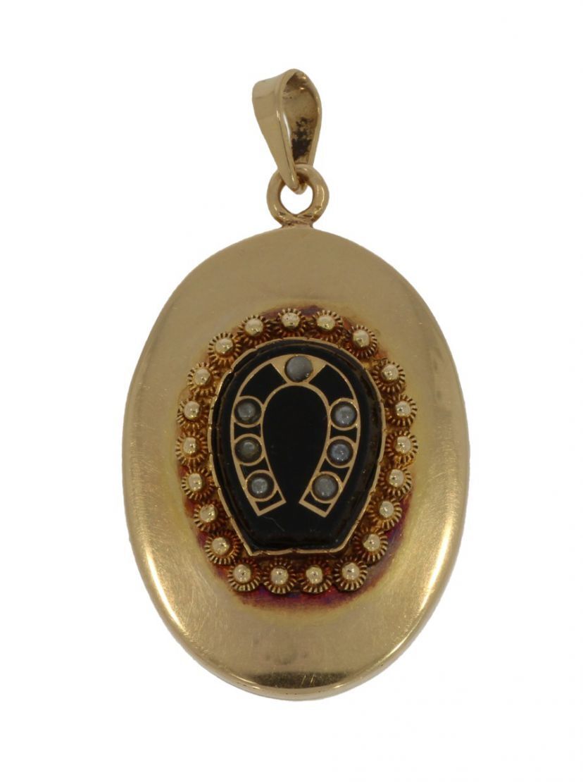 ANTIQUE 14 CARAT GOLD ONYX HORSESHOE MEDALLION WI… - image 2