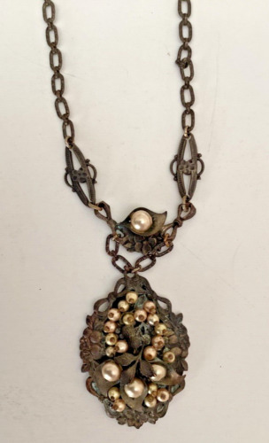 Necklace Antique Seed Pearl Victorian Filigree Ha… - image 1