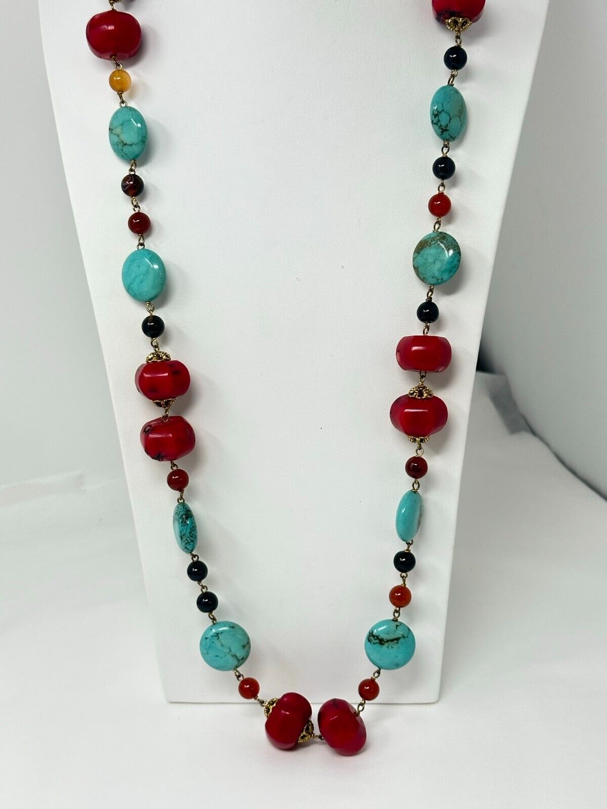 Vintage 14k Gold-Filled Blue Turquoise Red Coral … - image 2