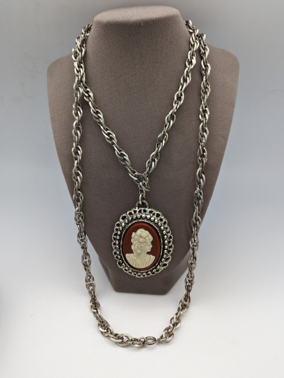 Vintage Cameo Large Chain Silver Tone Necklace - image 2