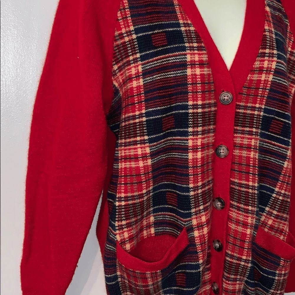 Vtg 80s Lee Sophy plaid wool cardigan sweater - image 4