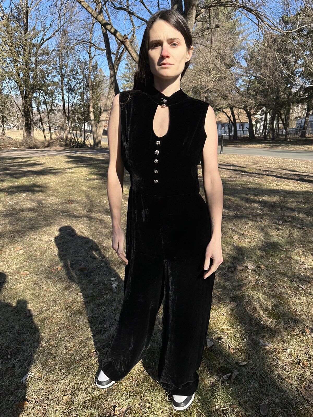 1960s Black Velvet Wide Leg Jumpsuit - image 2