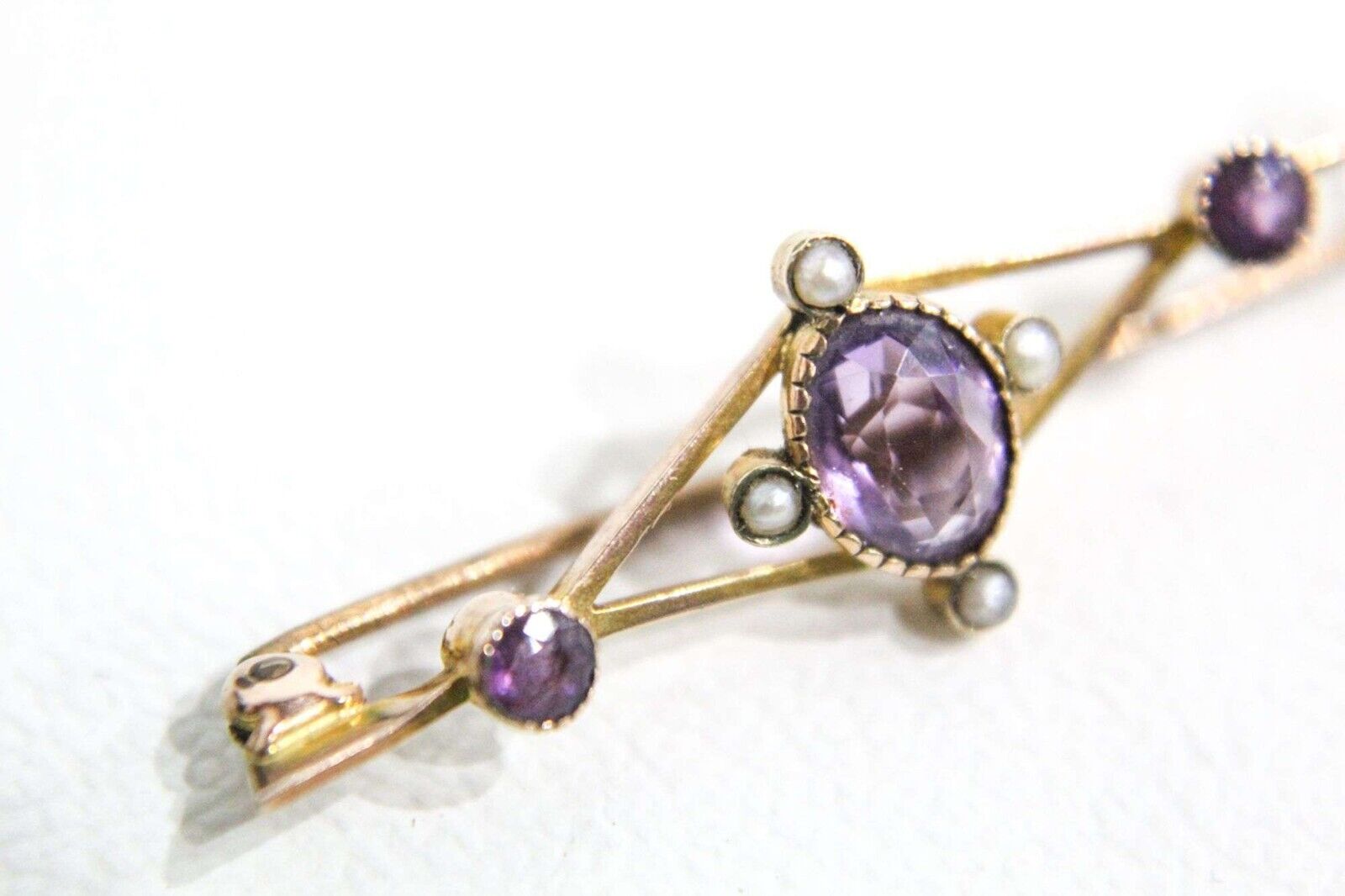 Antique Pin 9K Rose Gold Amethyst Seed Pearls - image 5