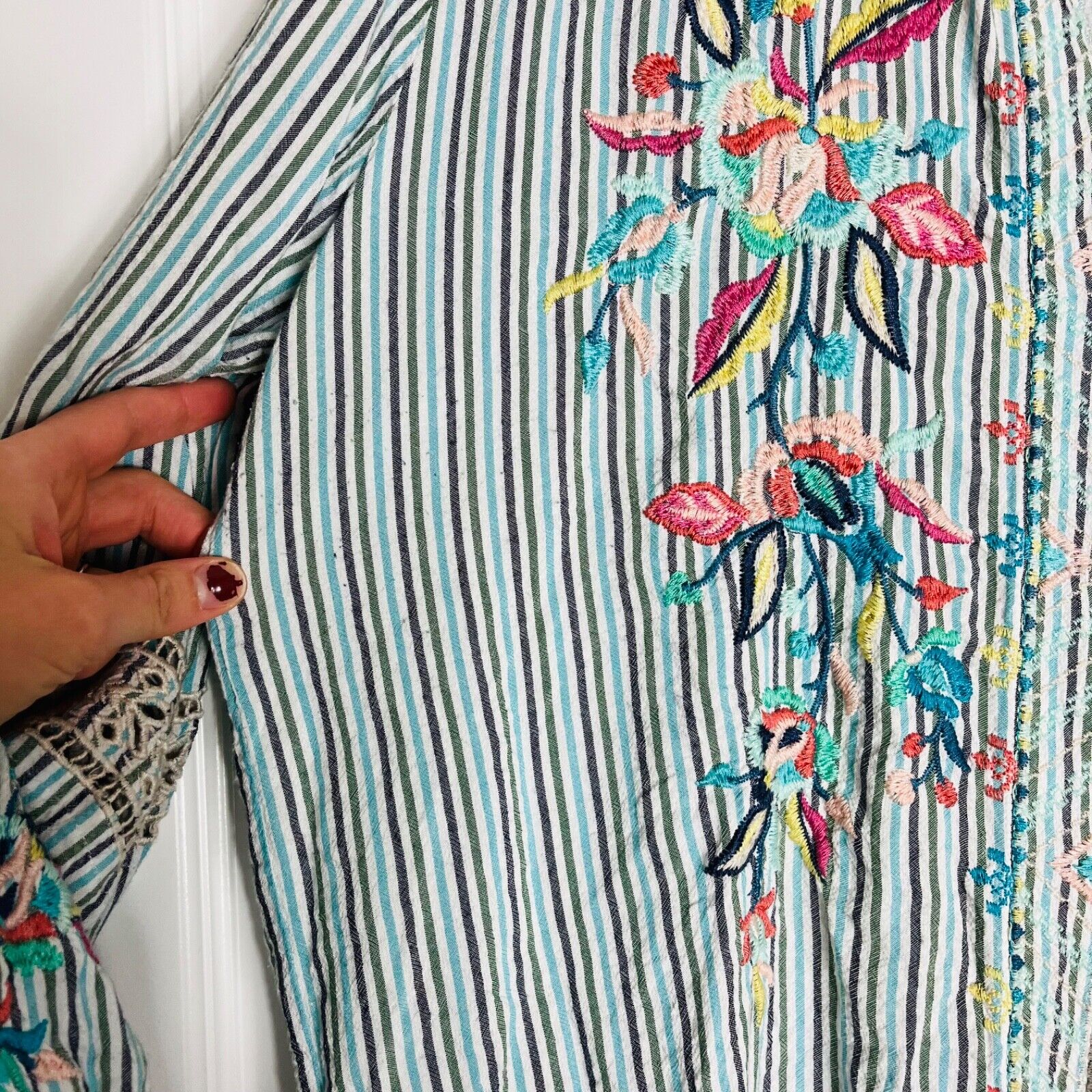 Johnny Was Striped Embroidered Floral Blouse Turq… - image 7