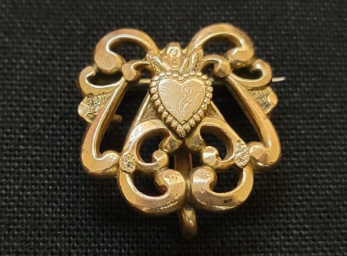 Antique Victorian Yellow Gold Fill Heart Brooch - image 1