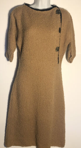 Vtg 60s Hand Knit Wiggle Dress Wool Boucle Brown M