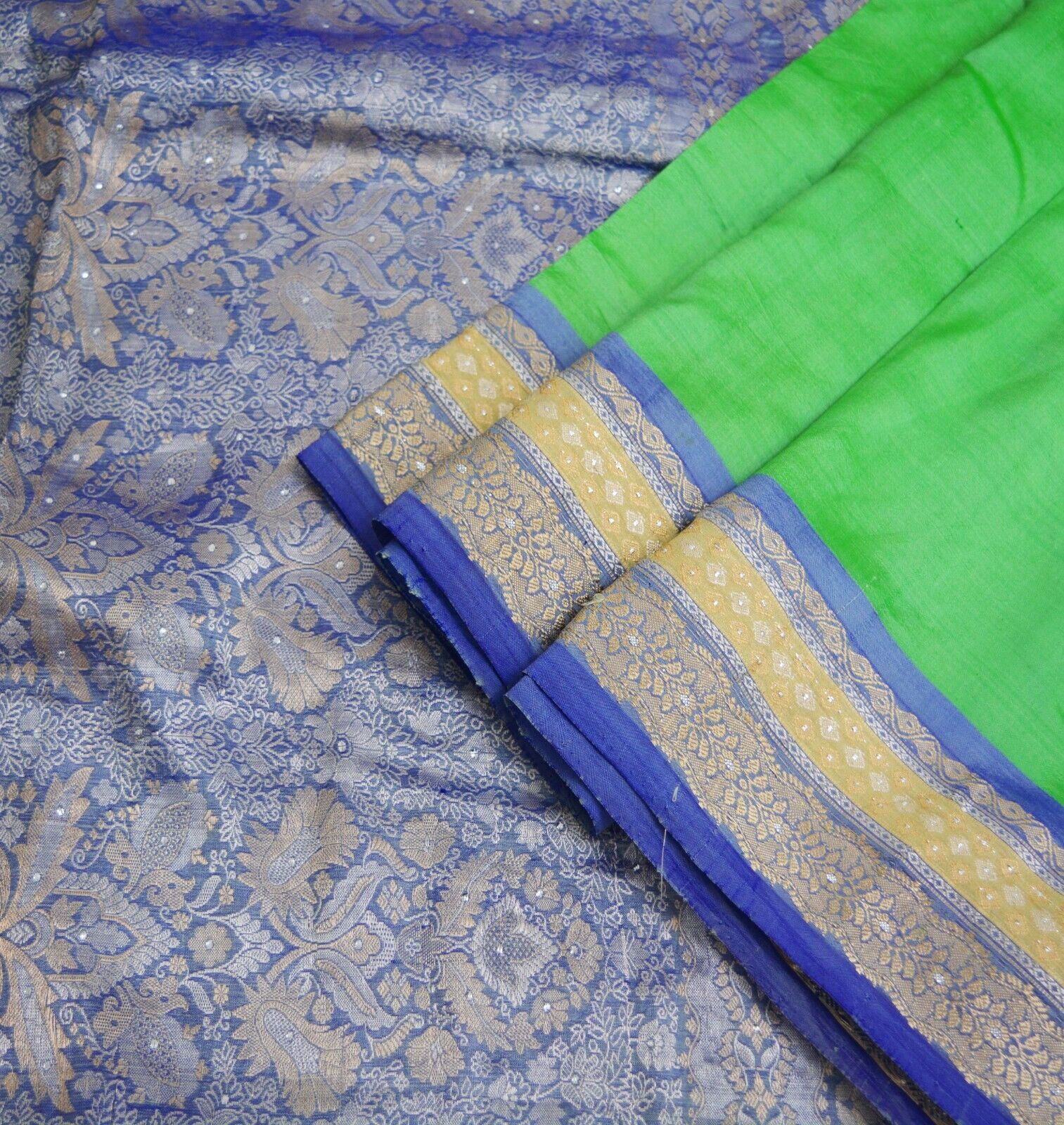 Vintage Heavy Saree Blue & Green Pure Silk Hand W… - image 10