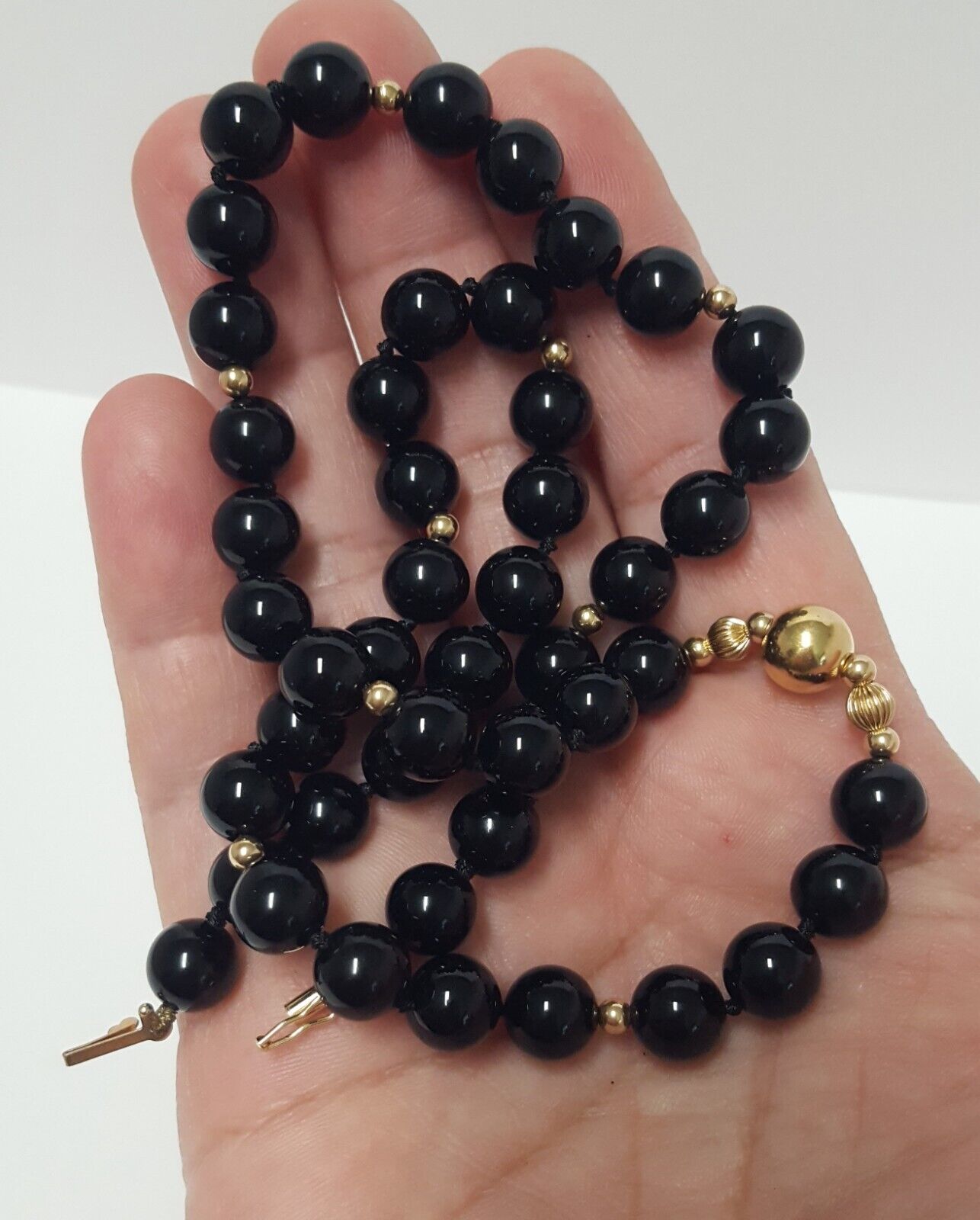 14K Gold Station Black Onyx 8mm Bead Necklace Han… - image 10