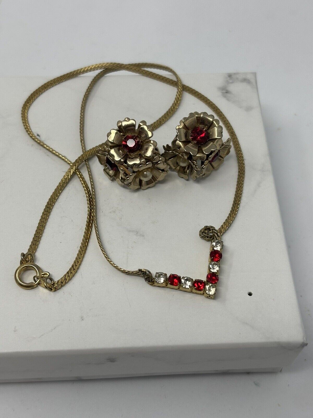 Vintage gold tone rhinestone burgundy red and cle… - image 1