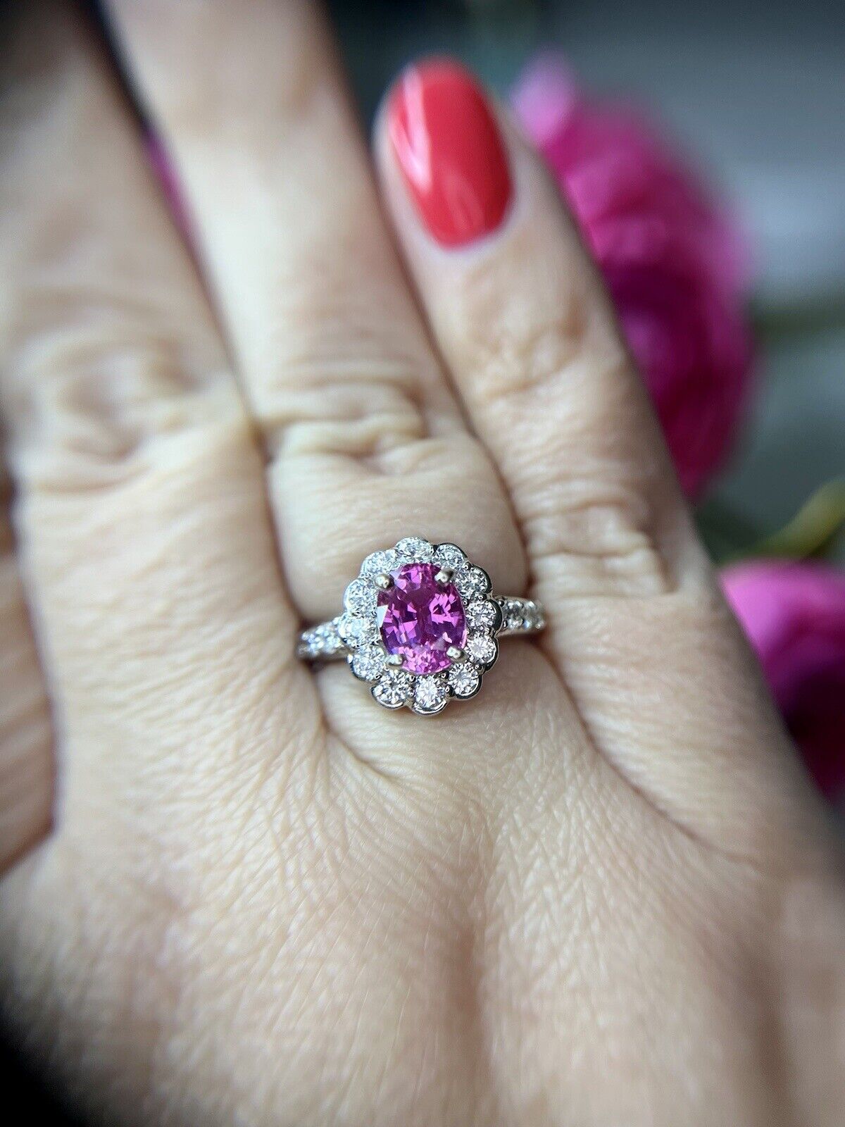 Vintage Platinum Natural Pink Sapphire Diamond Ha… - image 16