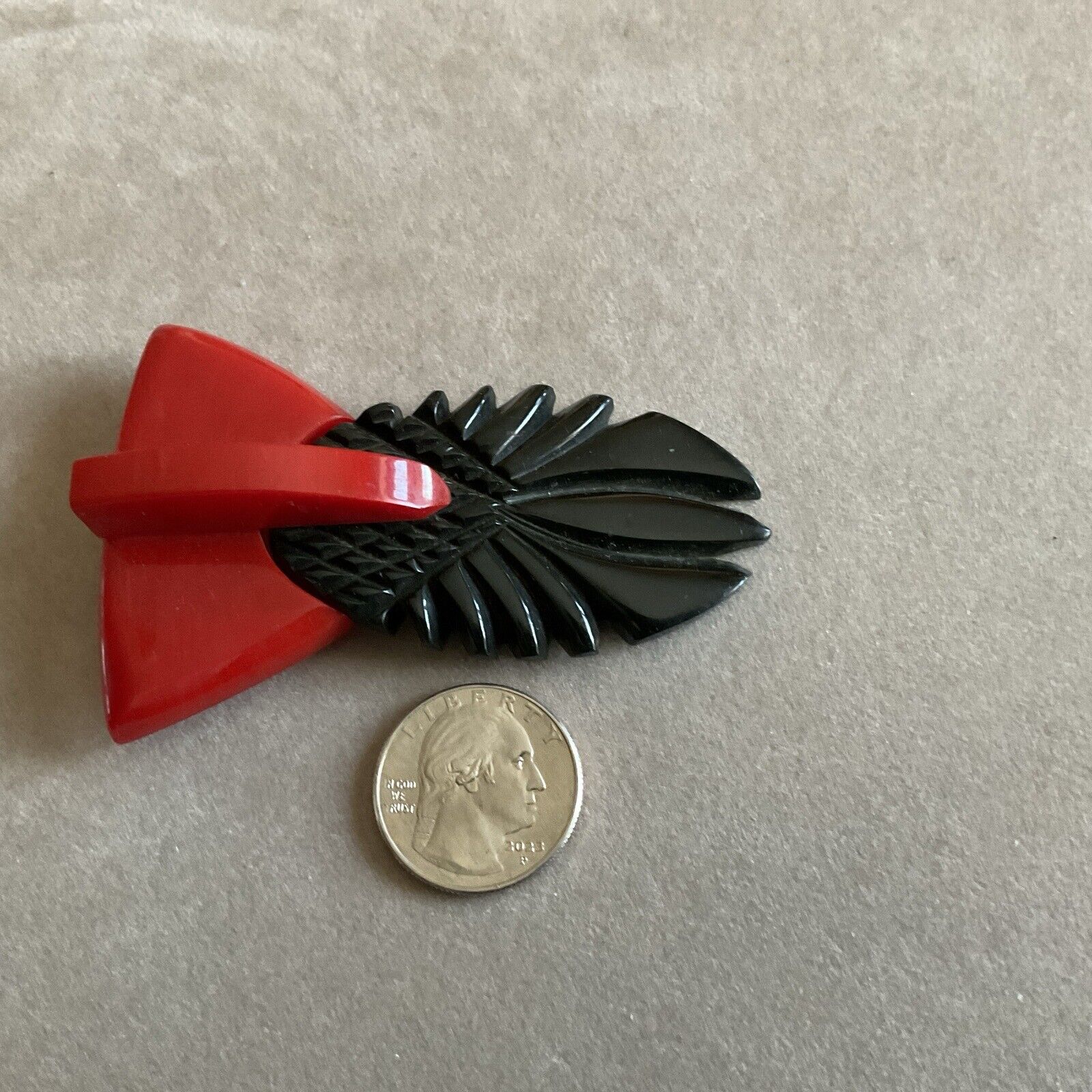 Vintage Red and Black Carved Bakelite Dress Clip - image 3