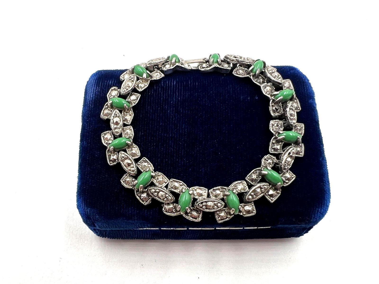 ANTIQUE ART DECO BRACELET GREEN JADE GLASS CABOCH… - image 1