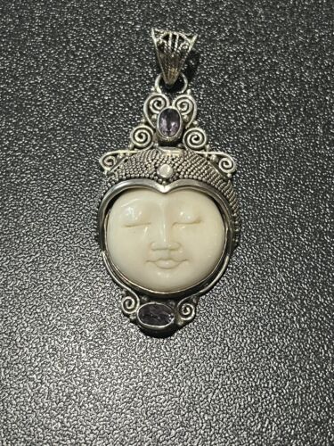 Vtg 925 Silver Amethyst And Carved Resin  Goddess… - image 1