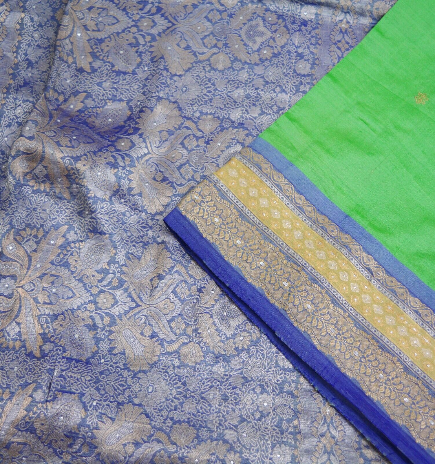 Vintage Heavy Saree Blue & Green Pure Silk Hand W… - image 11