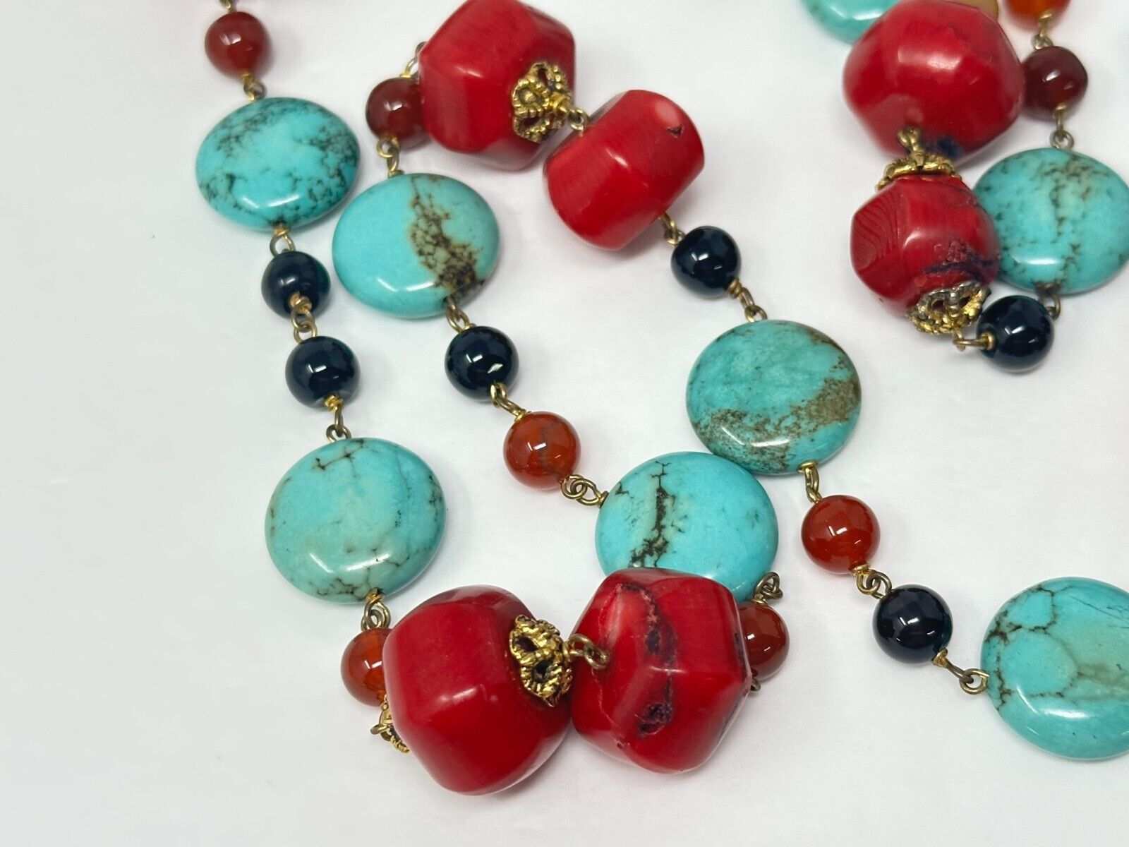 Vintage 14k Gold-Filled Blue Turquoise Red Coral … - image 4