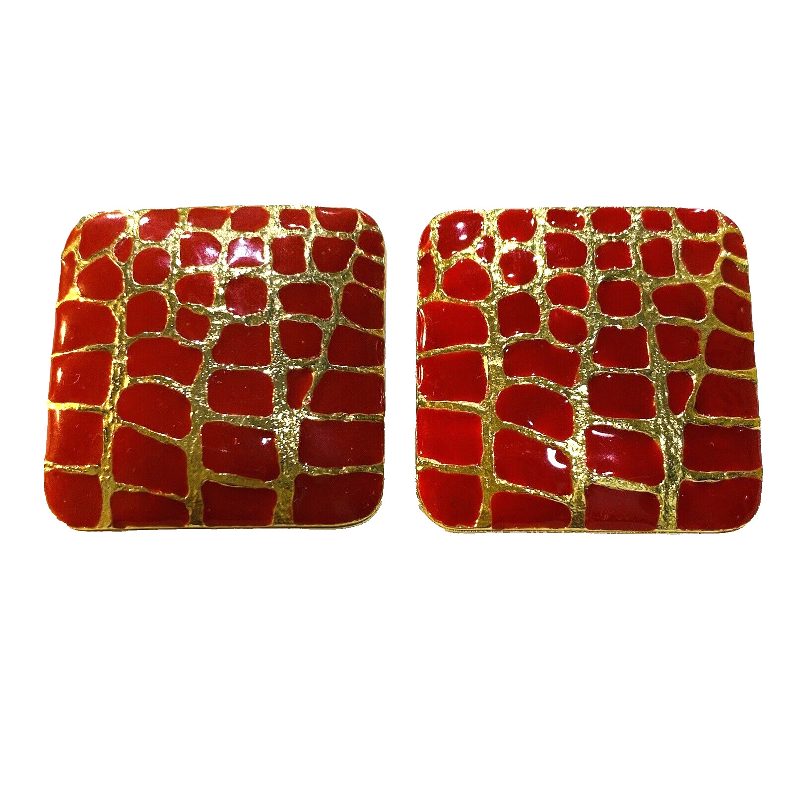 Vintage Pierced Earrings Goldtone Squares Red Ena… - image 1