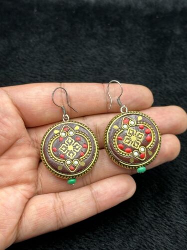 Vintage Tibetan Nepalese Unique Brass Earring Wit… - image 1