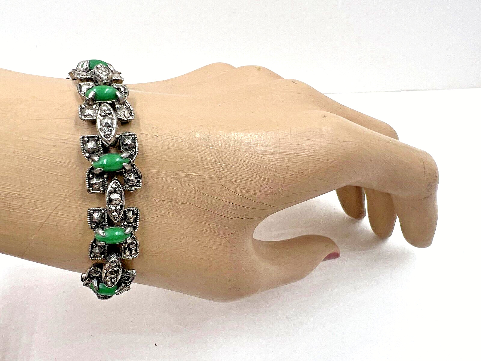 ANTIQUE ART DECO BRACELET GREEN JADE GLASS CABOCH… - image 4