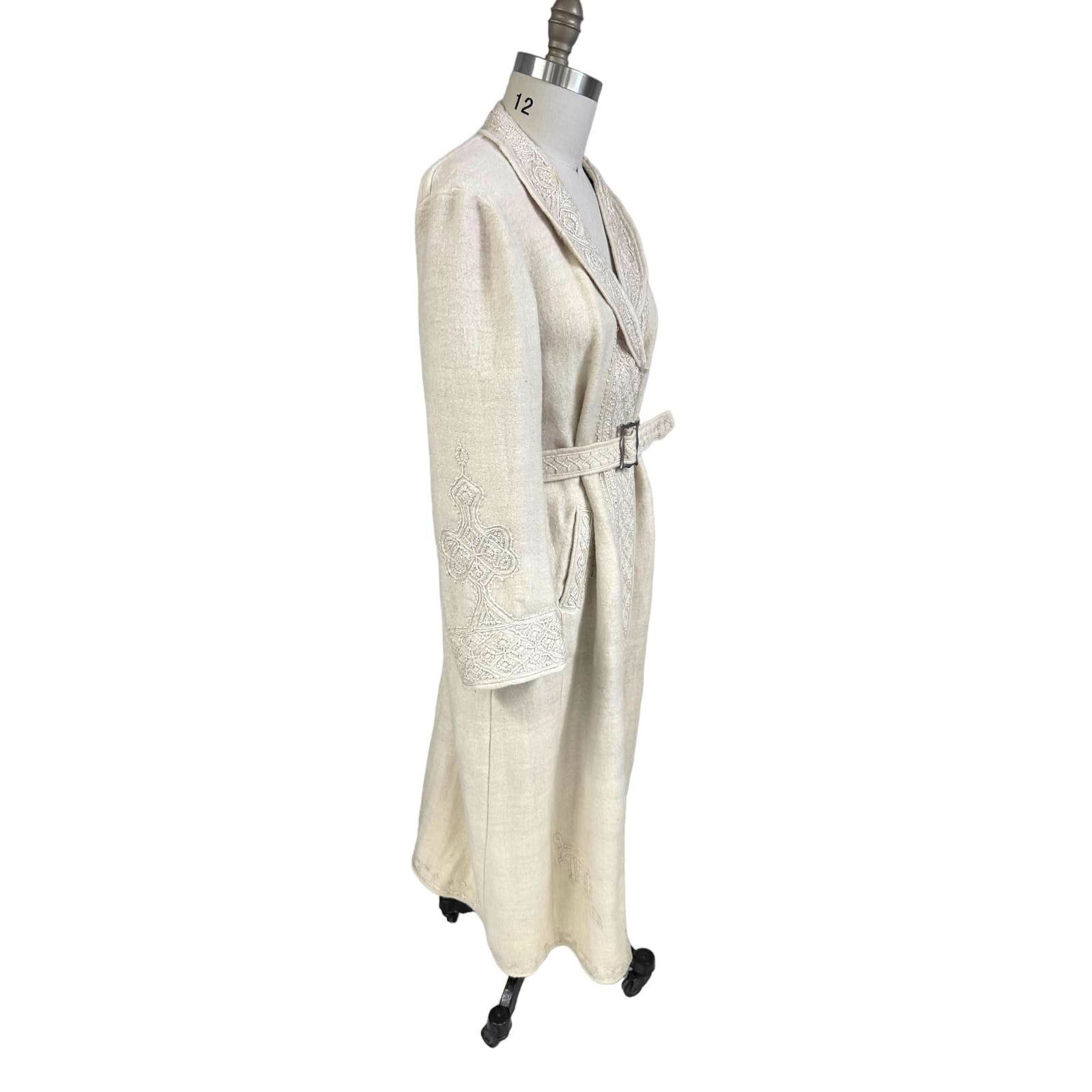 Antique Handwoven Wool Coat Edwardian Cream Embro… - image 4