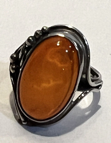 Vintage Sterling Silver .925 Large Oval Amber Ring - image 1