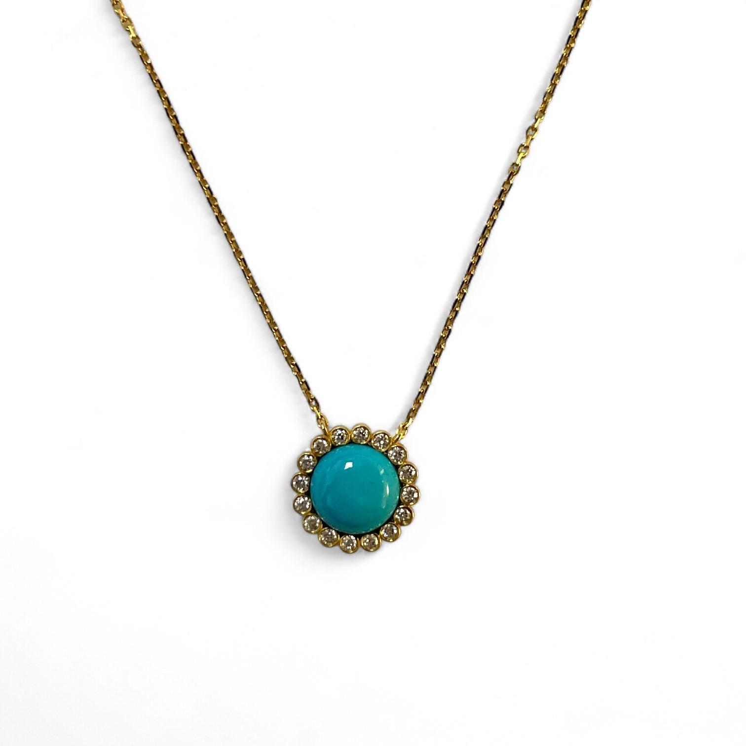 18K Yellow Gold Turquoise and Diamond Halo Neckla… - image 1