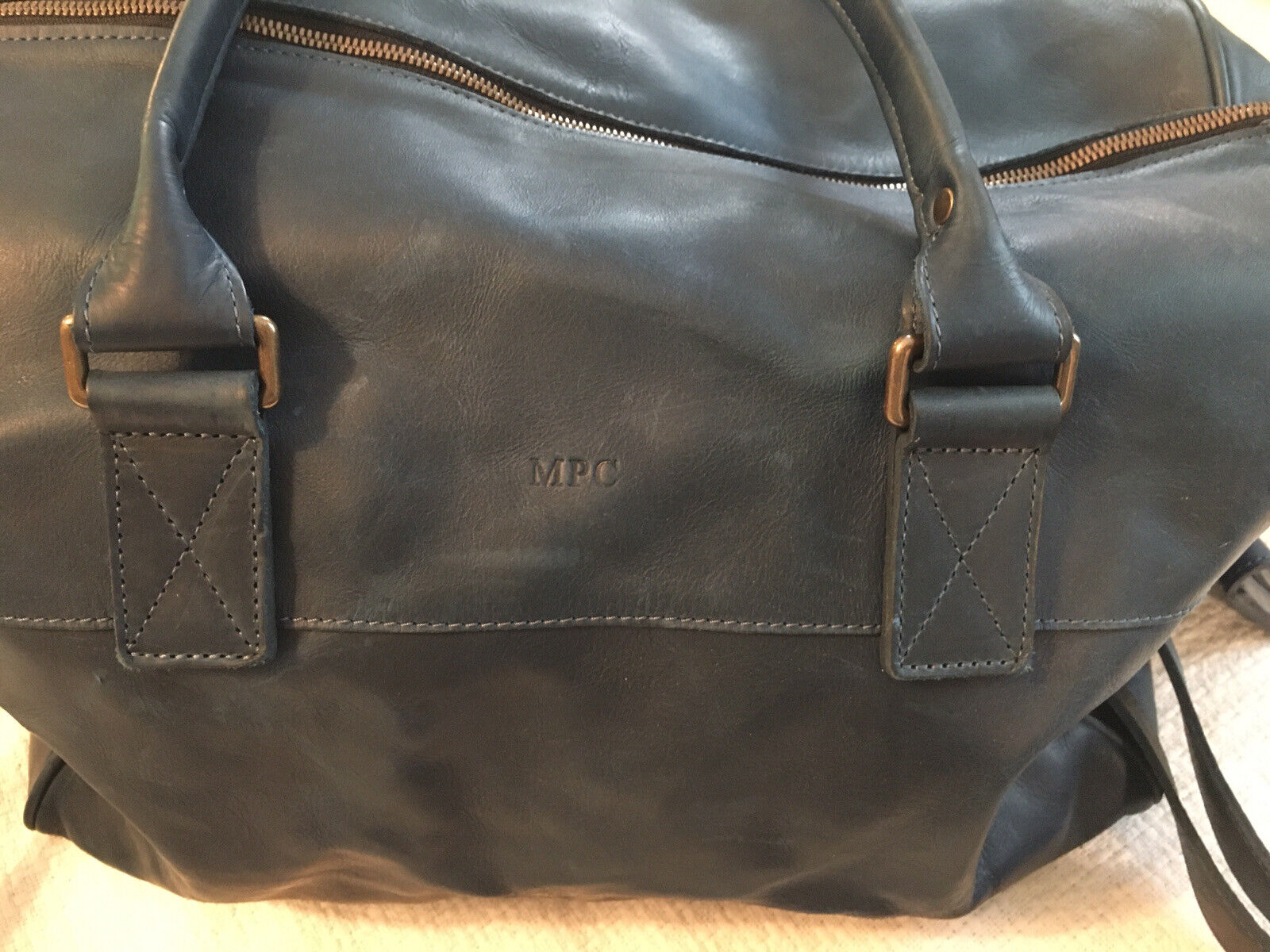 MOORE & GILES Blue Leather BOOKER CABIN Duffel Ov… - image 11