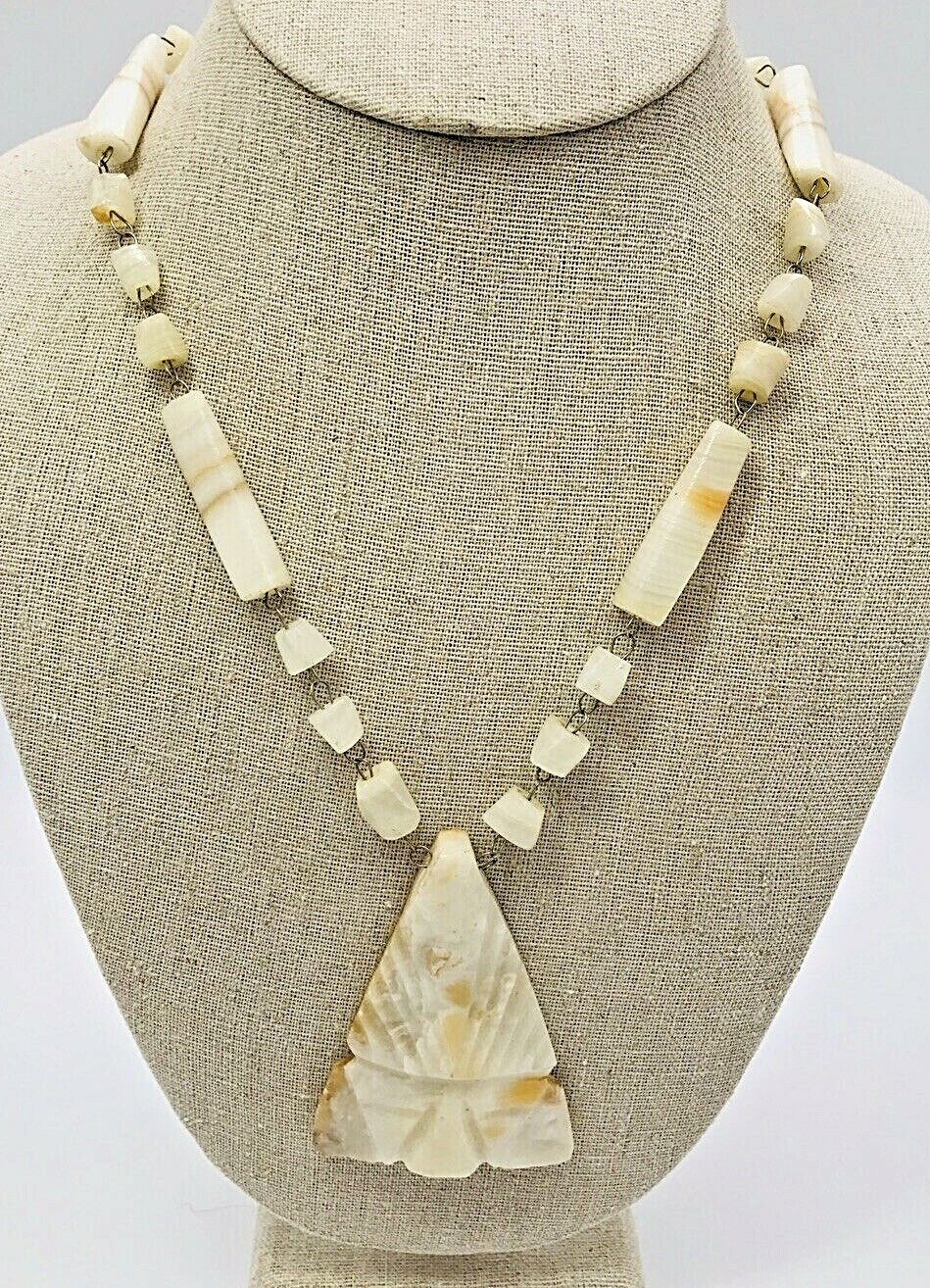 Aztec Hand Carved Stone Necklace Brown White Marb… - image 11