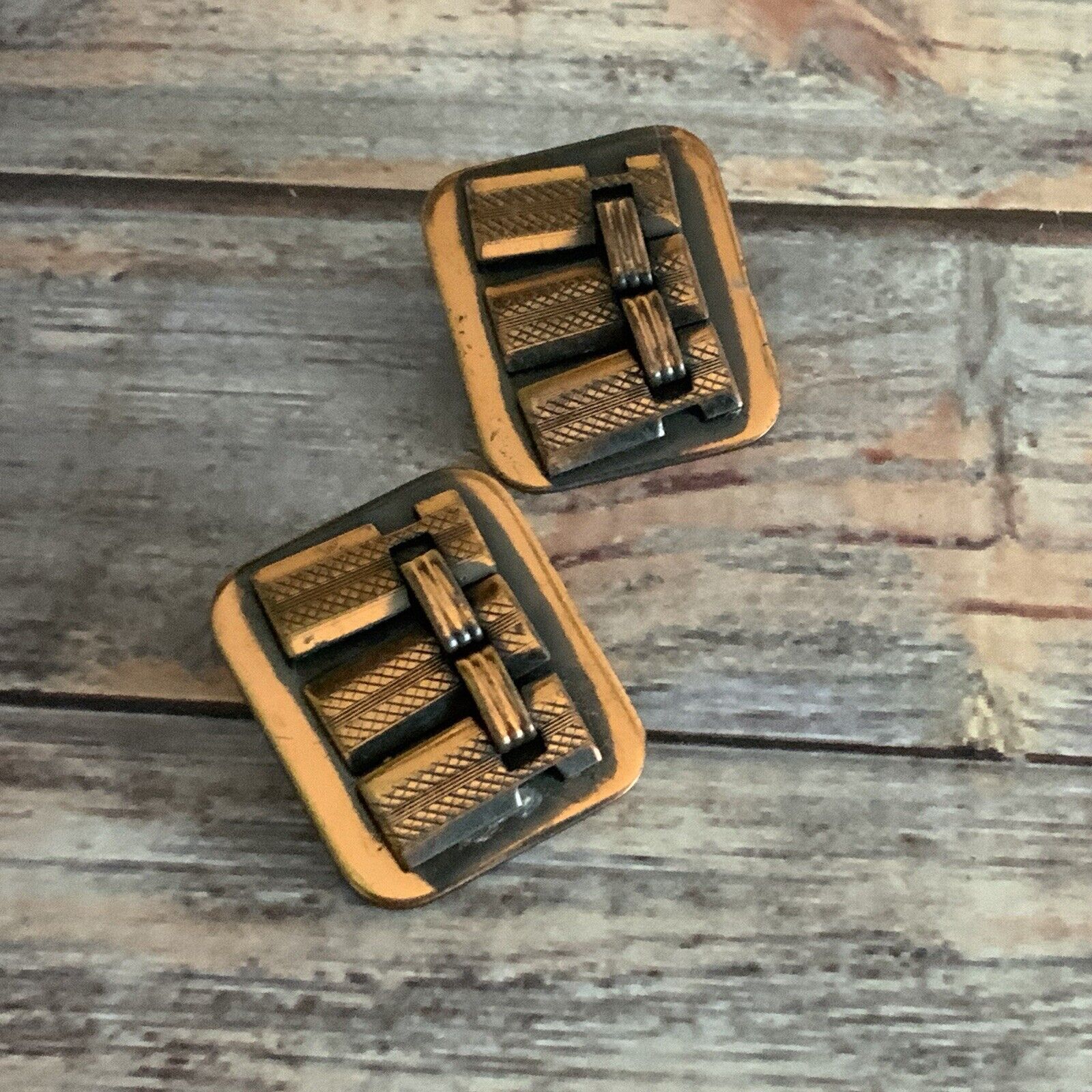 Vintage antique copper square clip on earrings mi… - image 2