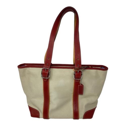 Coach Hampton Vintage Tote Bag Cream Canvas Red L… - image 1