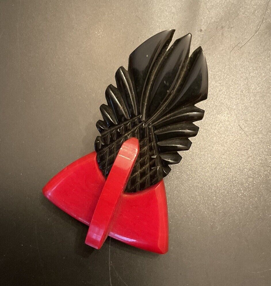 Vintage Red and Black Carved Bakelite Dress Clip - image 2