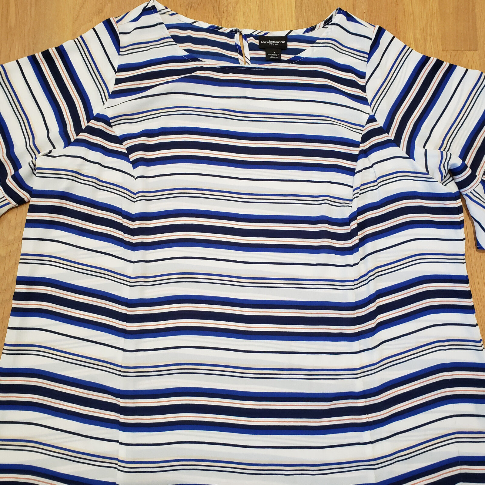 Liz Claiborne Tunic Top White Striped Ruffle Slee… - image 3