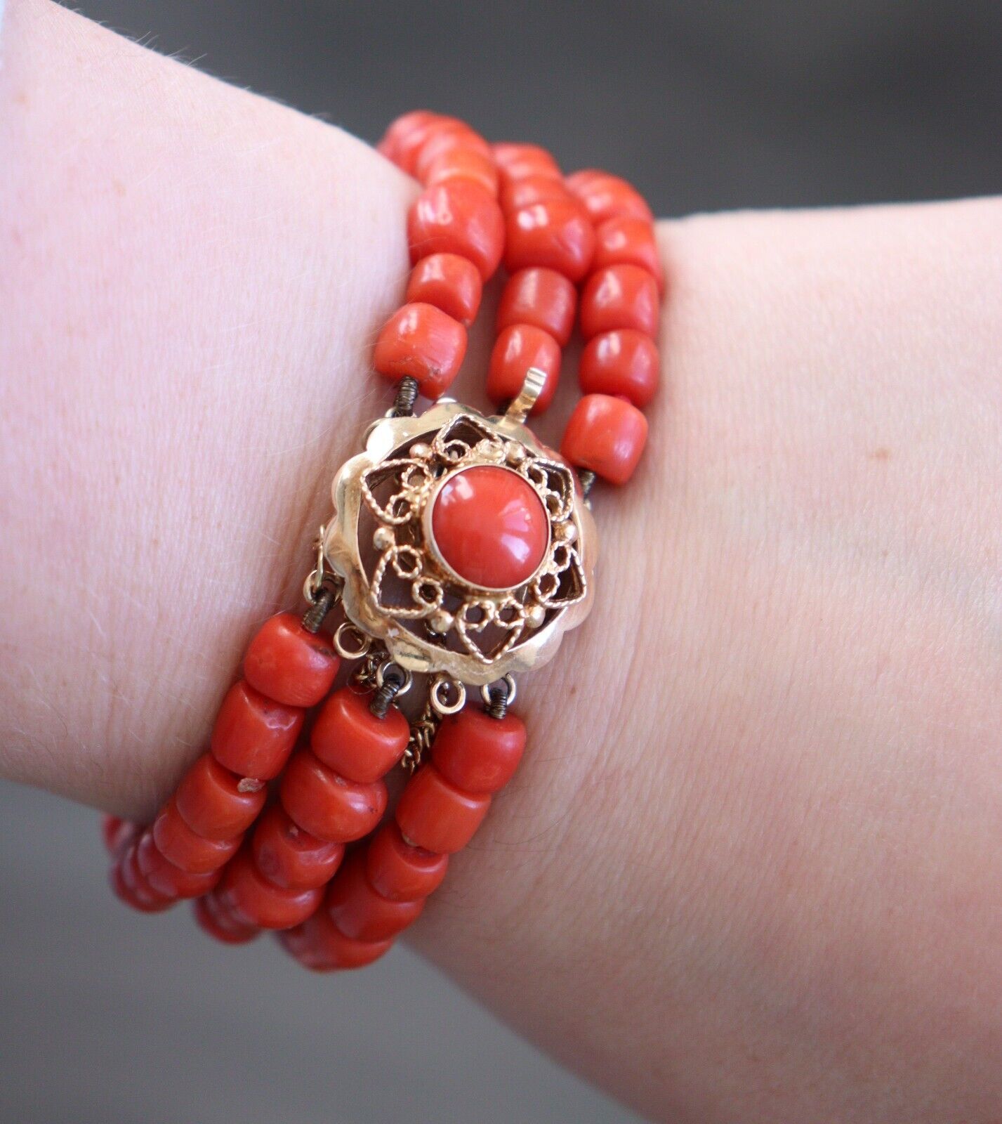 Vintage 3 Row Red Coral Bracelet Dutch Clasp 14k … - image 5