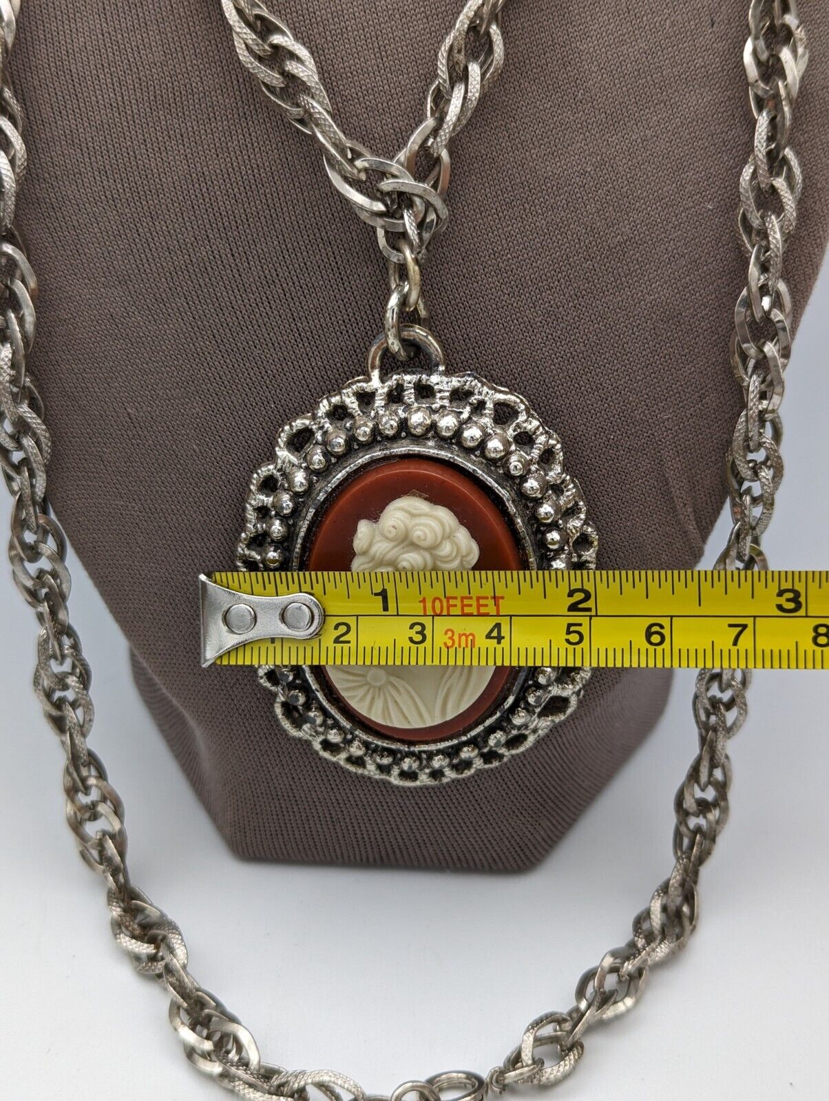 Vintage Cameo Large Chain Silver Tone Necklace - image 11