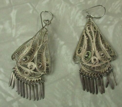 Antique filigree silver earrings dangle statement… - image 1