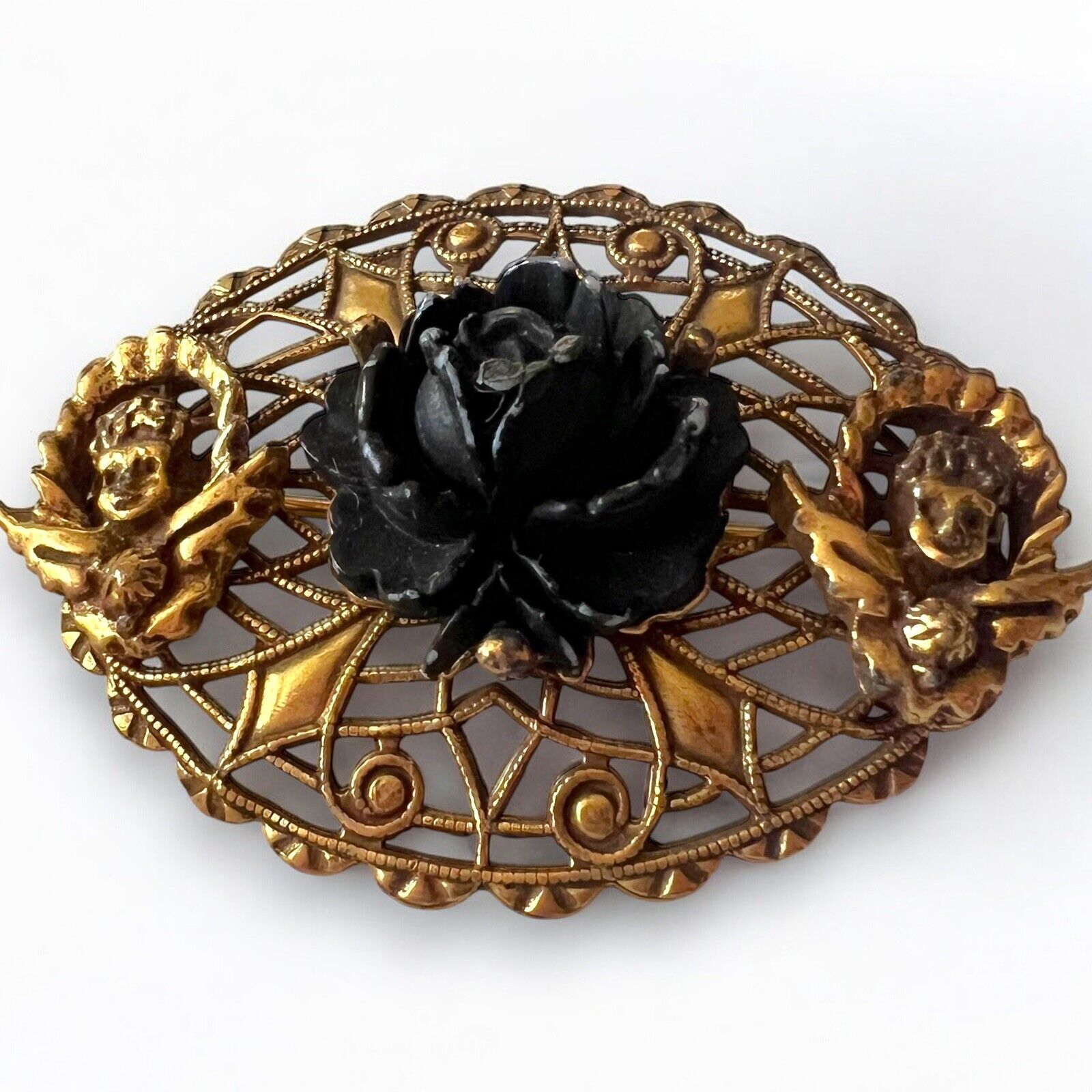 Carved Celluloid Rose Brooch Black Gold Tone Fili… - image 4