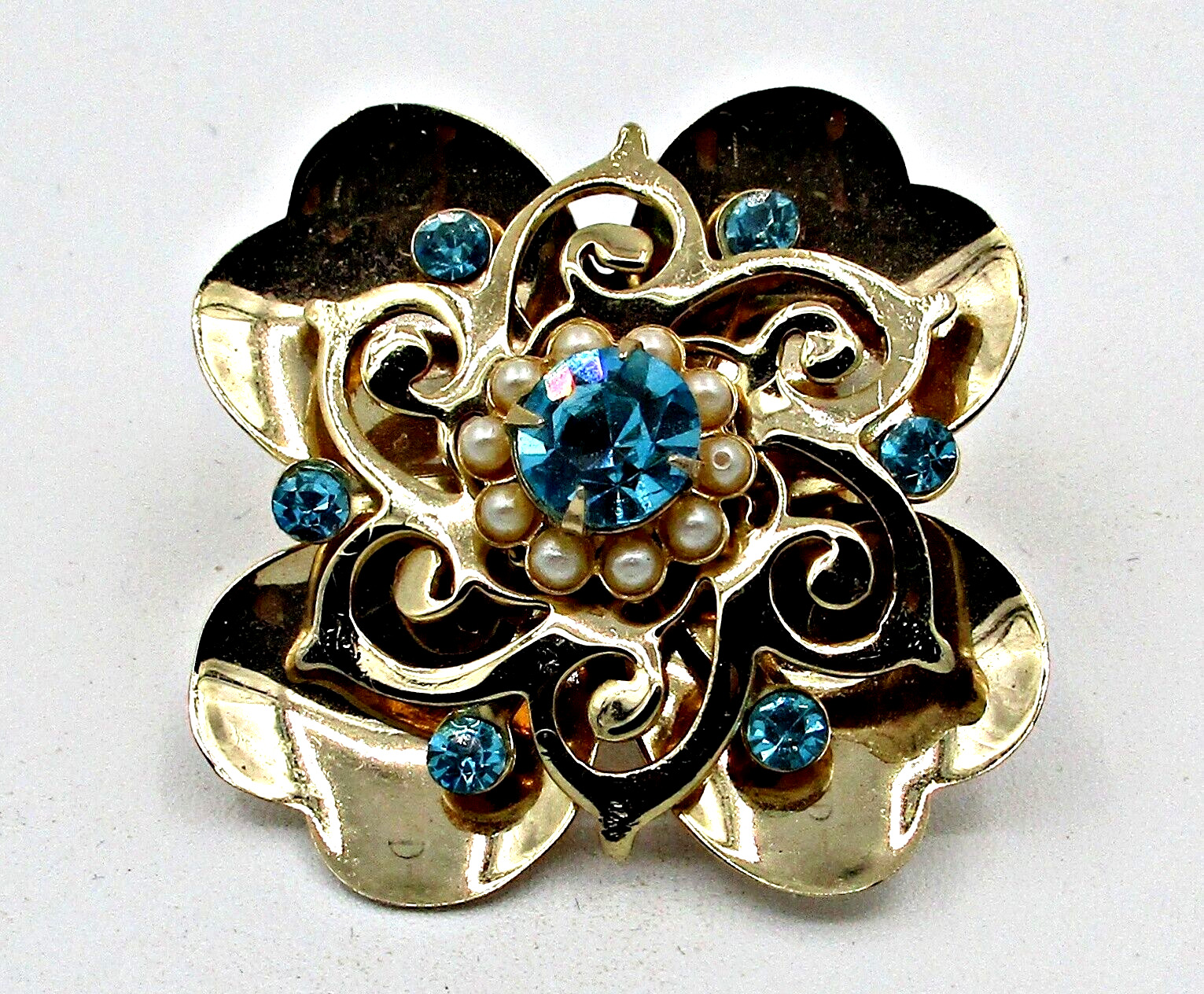 Vintage Unsigned Coro Brooch Flower Blue Rhinesto… - image 5