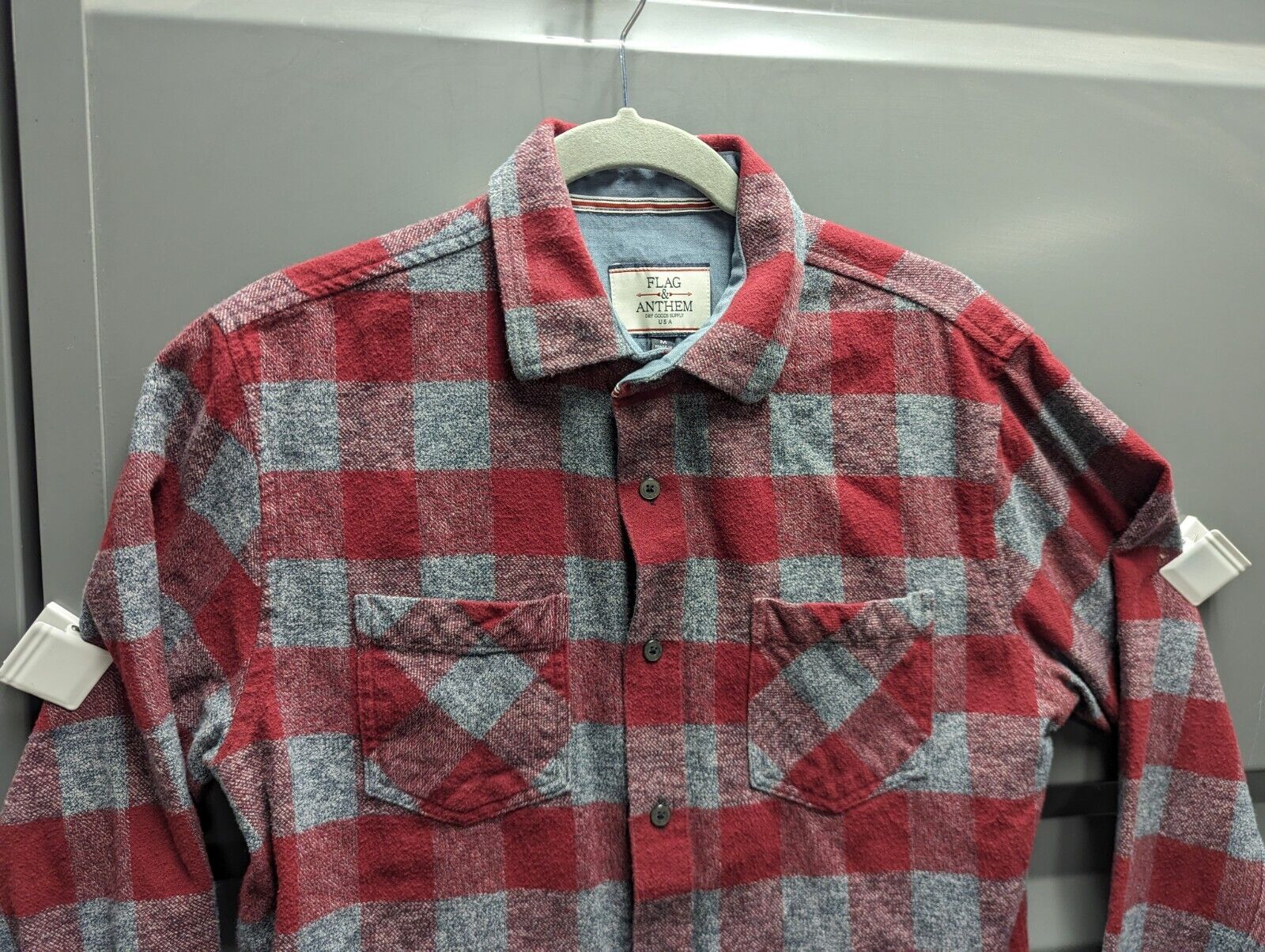 Flag & Anthem Shirt Mens Medium Red Gray Plaid Lo… - image 3