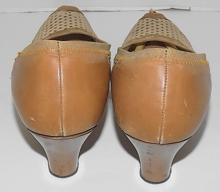 Vintage 40s 50s Light Brown Leather Mesh Peep Toe… - image 7