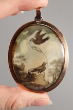 Antique 19thC Miniature Folk Art Painting, Doves & Love Knot, Gold Hair Pendent